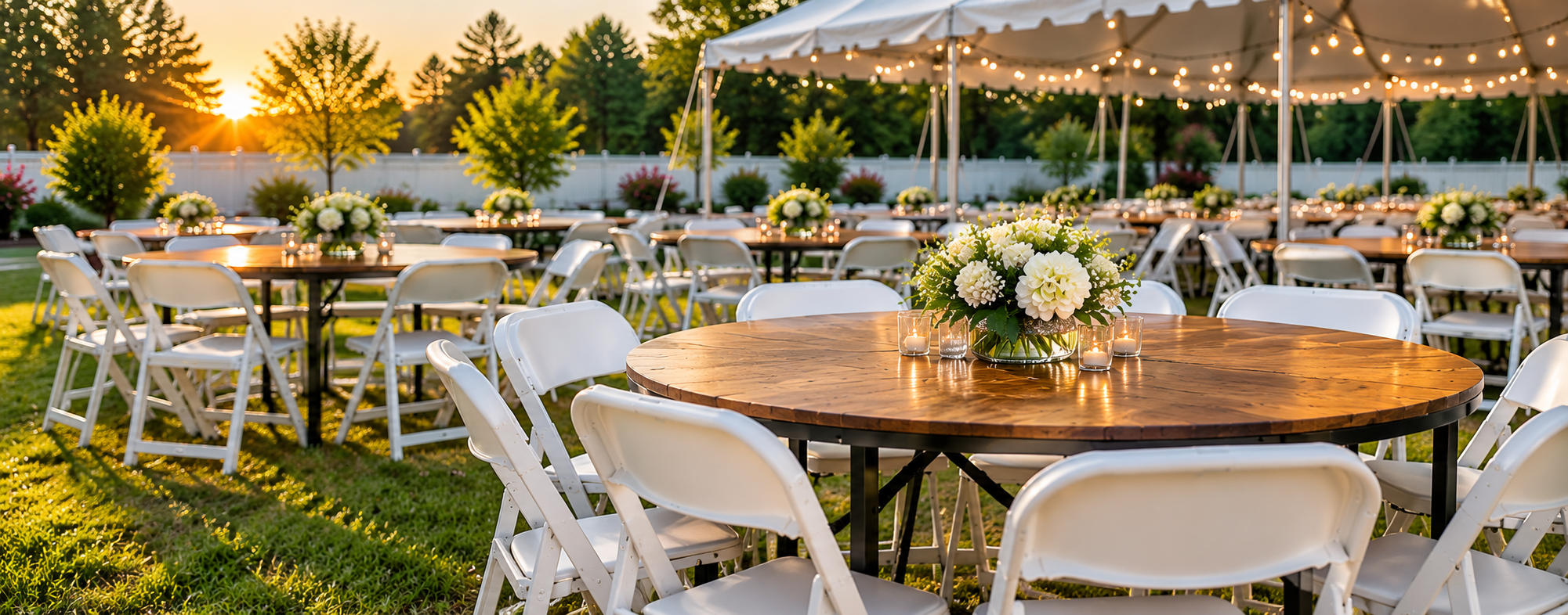 Tables and chairs set up for an outdoor event